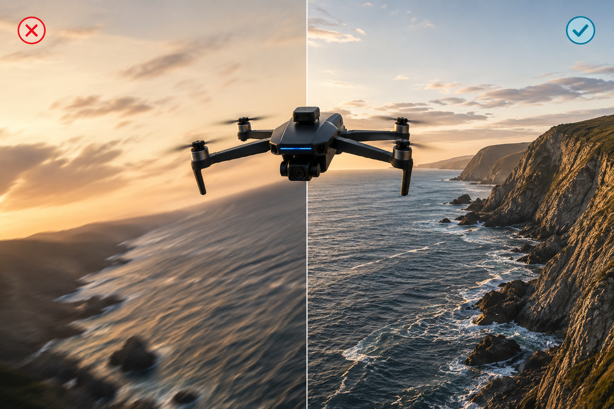 Dron s tříosým gimbalem natáčející nad mořským pobřežím