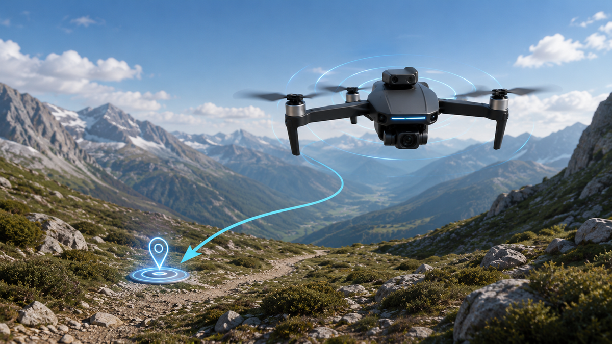 Dron stabilně visící nad místem vzletu v horské krajině