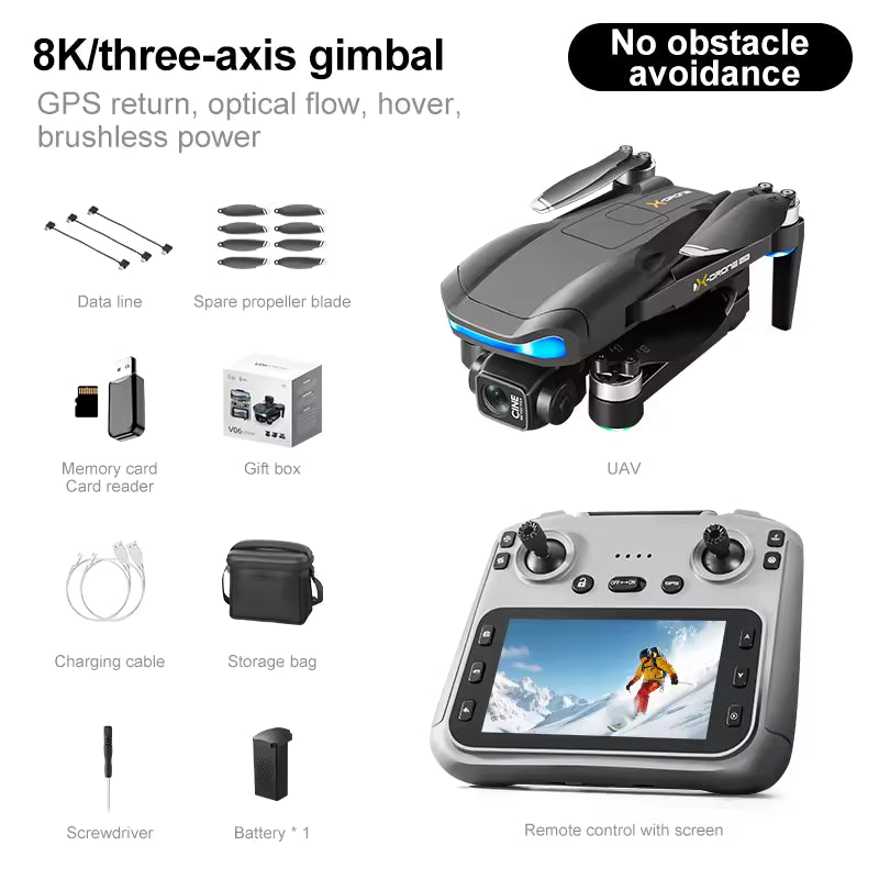 Skládací dron V06 s dlouhým dosahem – Profesionální kvadrokoptéra pro letecké snímky v rozlišení 4K/8K – Mini chytrý GPS dron s dálkovým ovladačem s obrazovkou