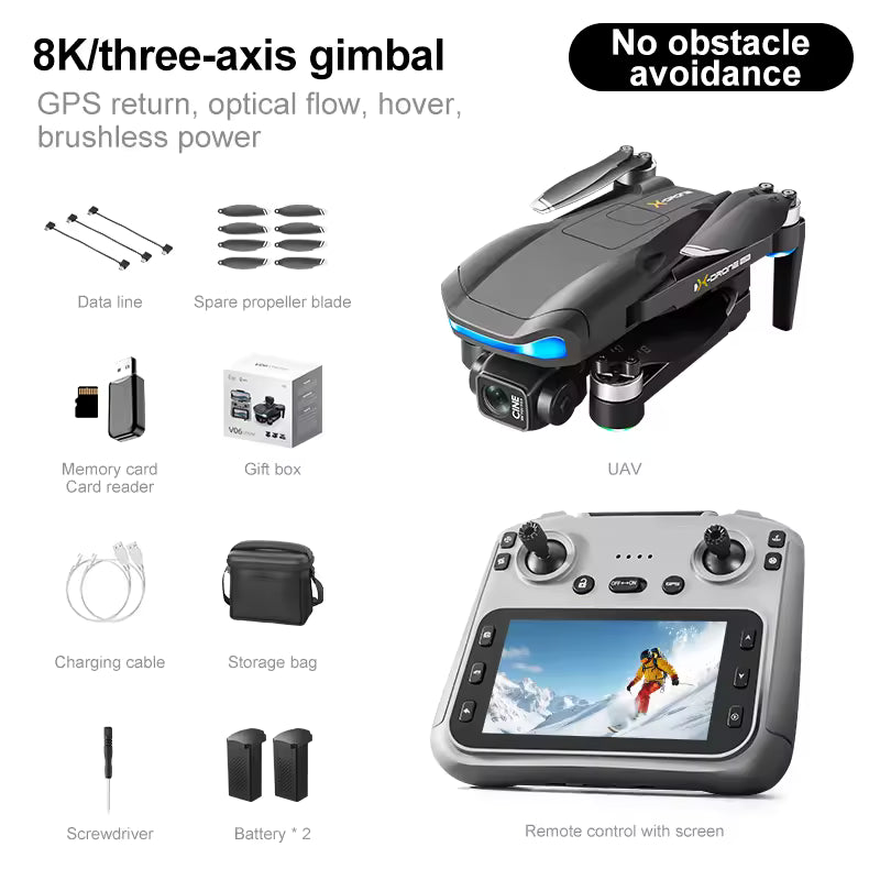 Skládací dron V06 s dlouhým dosahem – Profesionální kvadrokoptéra pro letecké snímky v rozlišení 4K/8K – Mini chytrý GPS dron s dálkovým ovladačem s obrazovkou