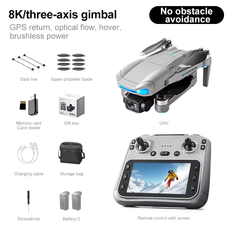 Skládací dron V06 s dlouhým dosahem – Profesionální kvadrokoptéra pro letecké snímky v rozlišení 4K/8K – Mini chytrý GPS dron s dálkovým ovladačem s obrazovkou