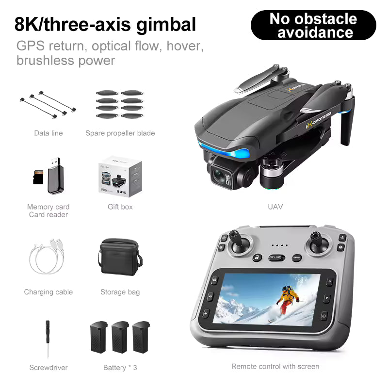 Skládací dron V06 s dlouhým dosahem – Profesionální kvadrokoptéra pro letecké snímky v rozlišení 4K/8K – Mini chytrý GPS dron s dálkovým ovladačem s obrazovkou