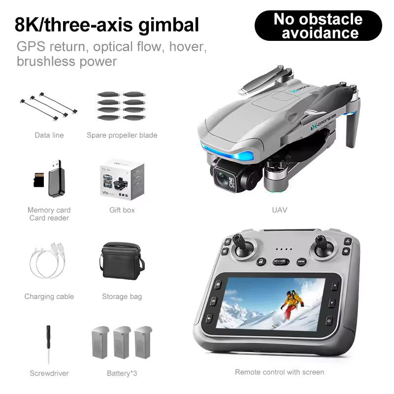 Skládací dron V06 s dlouhým dosahem – Profesionální kvadrokoptéra pro letecké snímky v rozlišení 4K/8K – Mini chytrý GPS dron s dálkovým ovladačem s obrazovkou