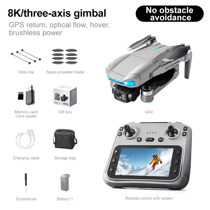 Skládací dron V06 s dlouhým dosahem – Profesionální kvadrokoptéra pro letecké snímky v rozlišení 4K/8K – Mini chytrý GPS dron s dálkovým ovladačem s obrazovkou