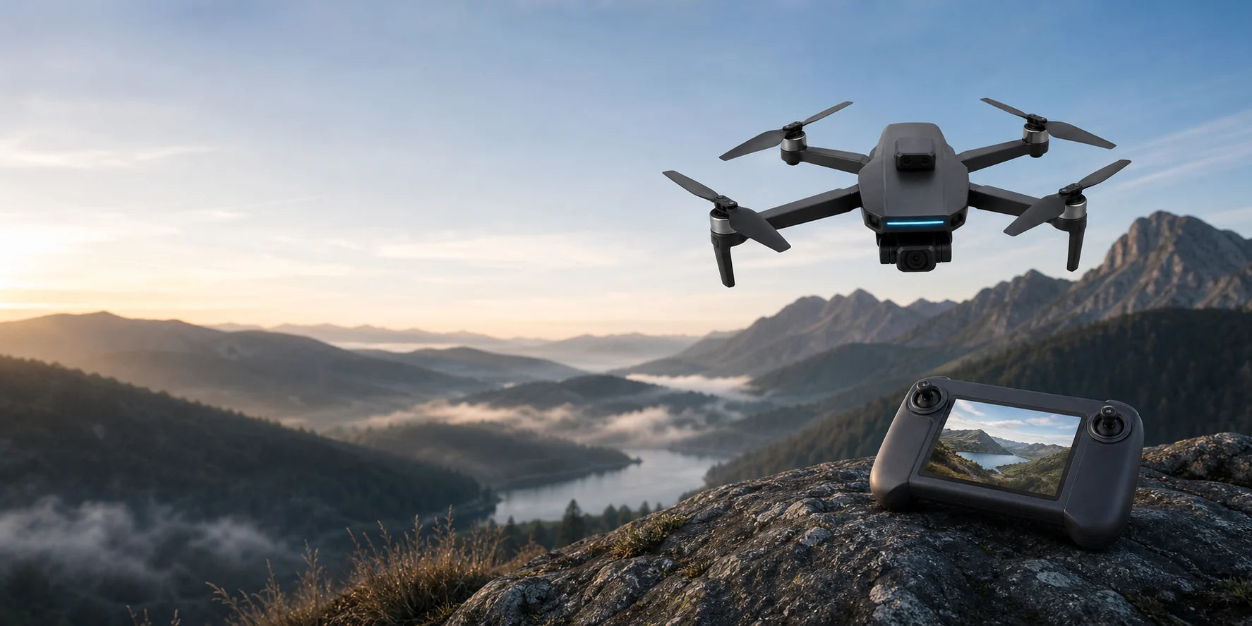 Skládací dron letící nad horskou krajinou při východu slunce